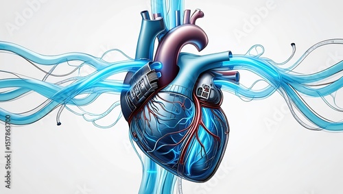 Illustrative 3D render of a cybernetic heart pumping blue plasma through glowing arteries, blending anatomy with futuristic technology.