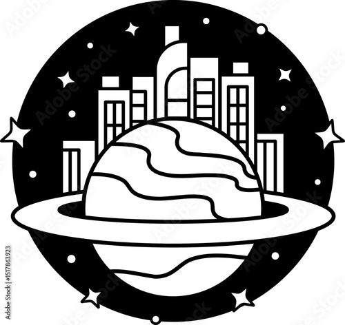 black and white illustration of a city ​​on planet