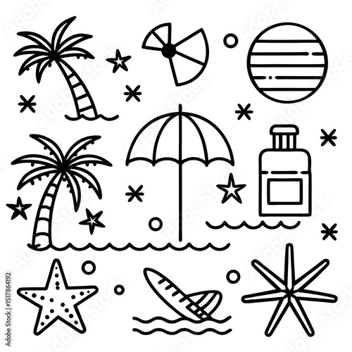 Black and white summer beach holiday icons and symbols for vacation and relaxation designs