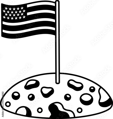 black and white illustration of American flag on the moon