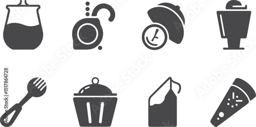A set of eight food and drink icons including a sauce jar, tea bag, pizza slice and a cupcake basket