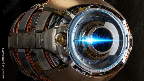 Futuristic mechanical eye fires a glowing plasma beam, featuring intricate machinery and a polished sci-fi aesthetic in this dynamic 3D render.