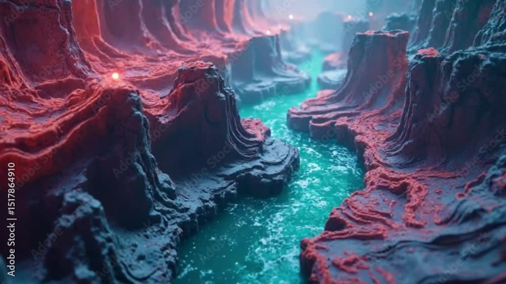 Surreal Digital Art Glowing River Through Alien Canyon Landscape