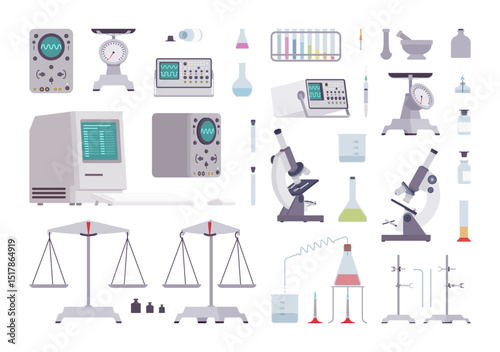Laboratory range of equipment and instruments set. Measuring lab science chemistry supplies, scientific variety of devices for study, experimentation, observation or practice. Vector illustration