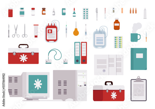 Medical supplies, healthcare products and first aid items set. Kit for providing clinical therapy, surgical instruments, pharmaceuticals, professional selection of hospital tools. Vector illustration