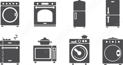 A collection of eight dark gray kitchen appliances including ovens refrigerators and washing machines icons