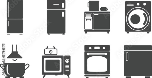 A collection of eight different kitchen and laundry appliance icons in a simple vector style design