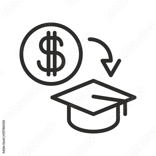 Loan on education. Tuition fee or scholarship icon. Money for education. Linear vector illustration. Graduate hat. Simple symbols.