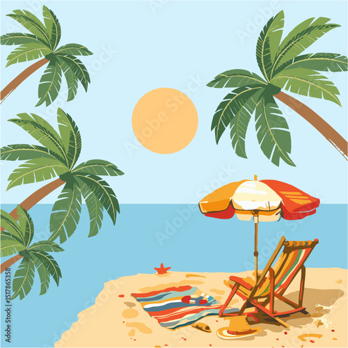 Summer vibe to the beach umbrella and sun vector in the view and palm tree