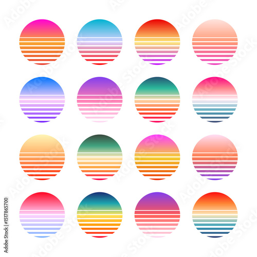 Vintage colorful sunset. Striped gradient sunrise badges in 80s and 90s style. Sun and ocean view, summer vibes, surfing. Design element for print, logo or t-shirt. Vector illustration
