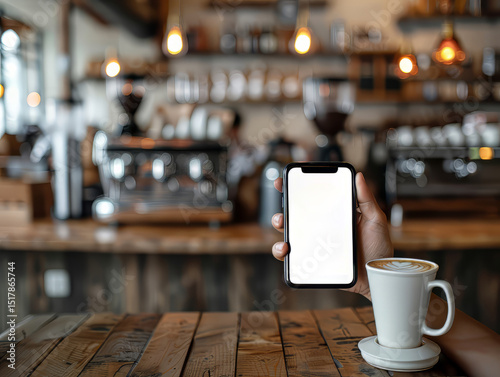 Coffee break with smartphone at cozy cafe photo
