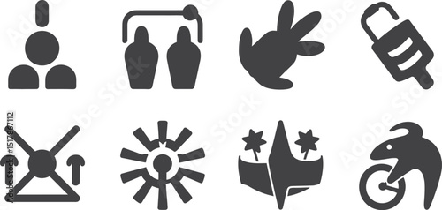 A collection of eight different black and white icons arranged in two rows on a white background