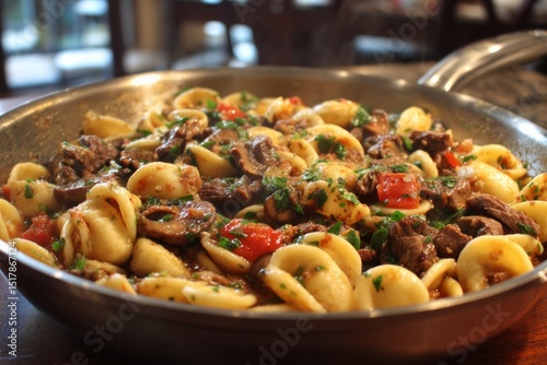 Orecchiette Pasta with Beef and Mushrooms in a Rustic Metal Pan photo
