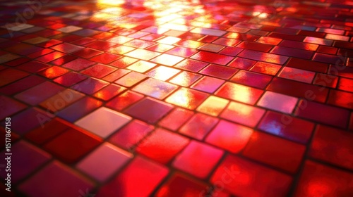 Shiny red mosaic tile surface illuminated by warm reflective lights photo