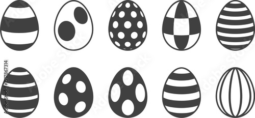 Ten easter eggs with different patterns in black and white color isolated on a white background