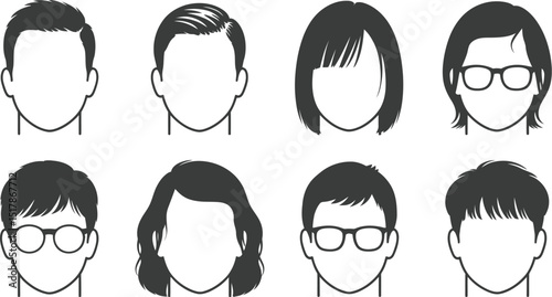 Collection of eight faceless head illustrations with various hairstyles and some wearing glasses icon set