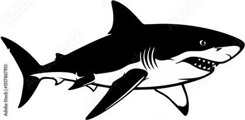 Powerful Great White Shark Silhouette Black and White Vector Illustration