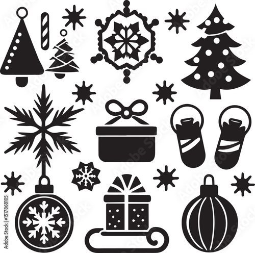 black set of christmas vector icon, christmas clipart vector, christmas silhouette vector bundle
