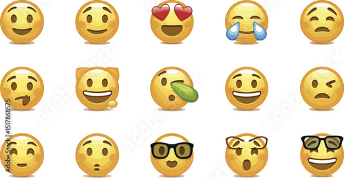 A collection of fifteen different yellow emoji faces expressing various emotions on a white background