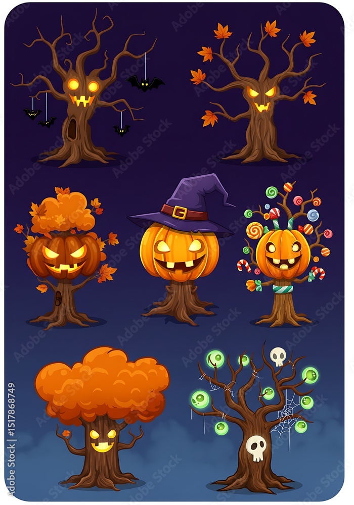 Fototapeta premium Spooky Halloween Tree Collection: Cartoon Delight