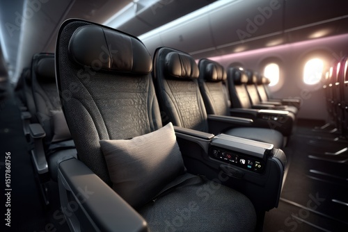 A modern airplane cabin interior with empty seats, offering a glimpse into comfortable and luxurious travel, focusing on design and passenger experience.