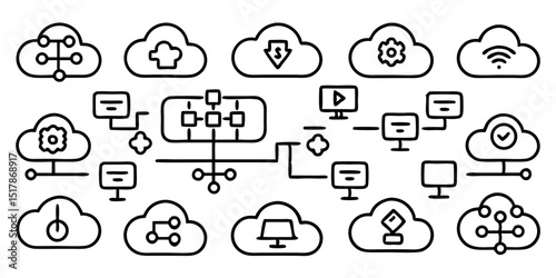 Small Cloud Computing Web Icon Set in Line Style with Transparent Background

