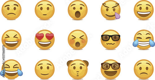 A collection of fifteen yellow emoji icons displaying various expressions on a white background surface