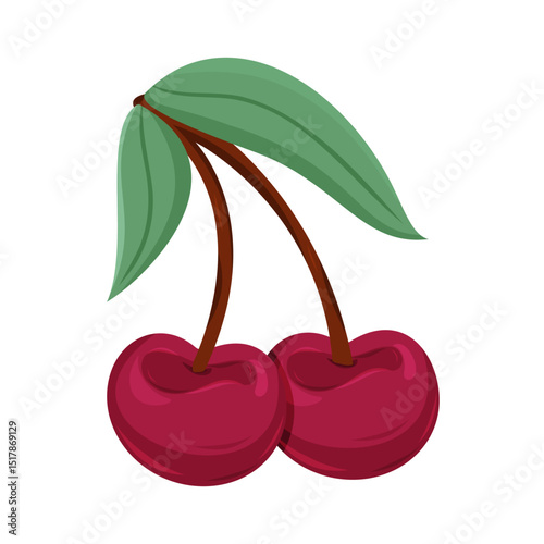 Two plump cherries with a single leaf display vibrant color and freshness.
