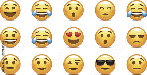 Fifteen yellow emoji icons showing different expressions on a white background in a horizontal layout