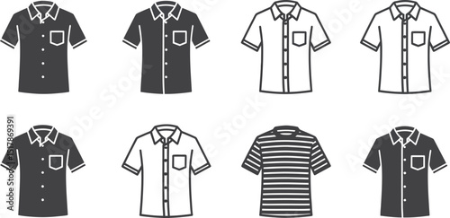 Collection of eight shirts in black white and striped pattern on a white background illustration style
