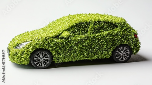 Side view of a car covered entirely in green leaves against a white background in studio shot