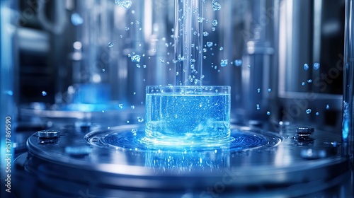 Water droplets falling into a glass of water on a metallic platform in a lab environment