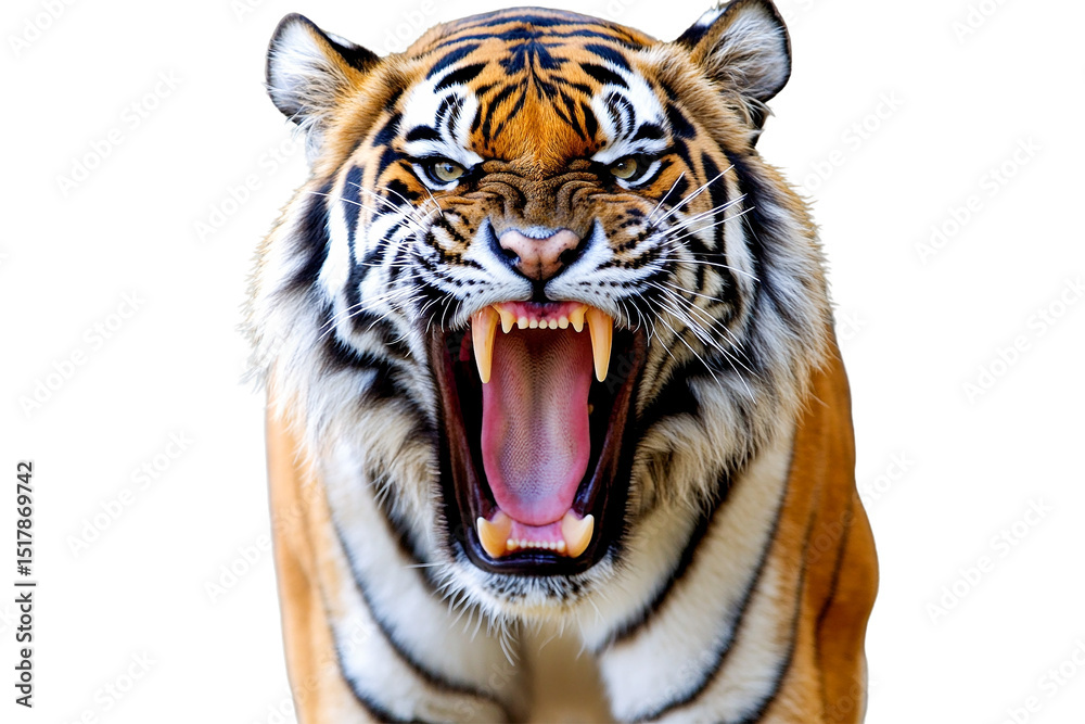 Obraz premium A roaring tiger closeup isolated on transparent PNG