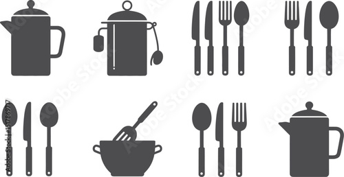 A set of kitchen icons featuring teapots, cutlery, and a bowl with a fork on a white background image