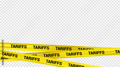 Warning Yellow Stripe Tariff News Vector Banner, Realistic Crossed Tape with Word Tariff on Transparent Background