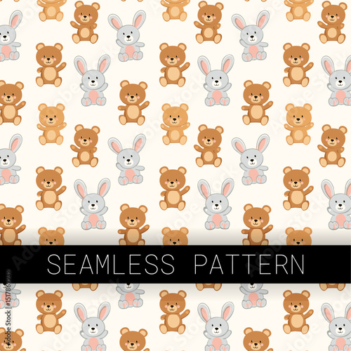 Baby Animals Seamless Pattern with Cute Bear, Bunny
