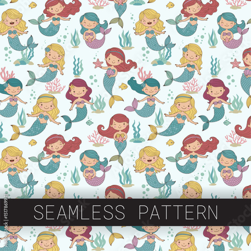 Cute Mermaids & Sea Friends Seamless Pattern in Soft Undersea Colors