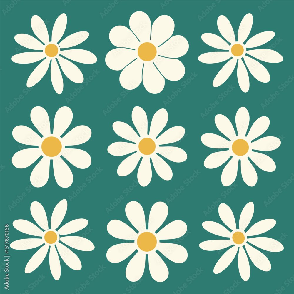 Obraz premium Nine white daisy flowers with yellow centers arranged on a teal green square background pattern design