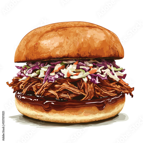 Pulled pork sandwich buns, American classic texas BBQ sauce joint food brisket shredded sandwich with lettuce cabbage coleslaw salad