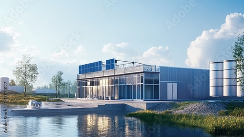 Modern building with solar panels on the roof near a body of water under a bright cloudy sky view