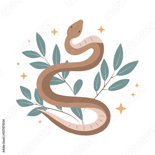 Snake with leaf branches and stars. Vector flat illustration