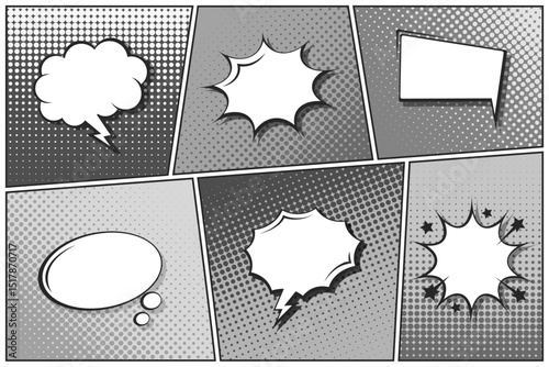 Cartoon comic backgrounds set. Speech bubble. Comics book black and white poster with halftone elements. Retro Pop Art style. Vector illustration