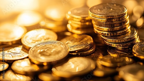 A close up shot of a pile of gold coins stacked and scattered on a dark surface with golden lighting