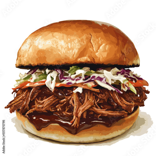 Pulled pork sandwich buns, American classic texas BBQ sauce joint food brisket shredded sandwich with lettuce cabbage coleslaw salad