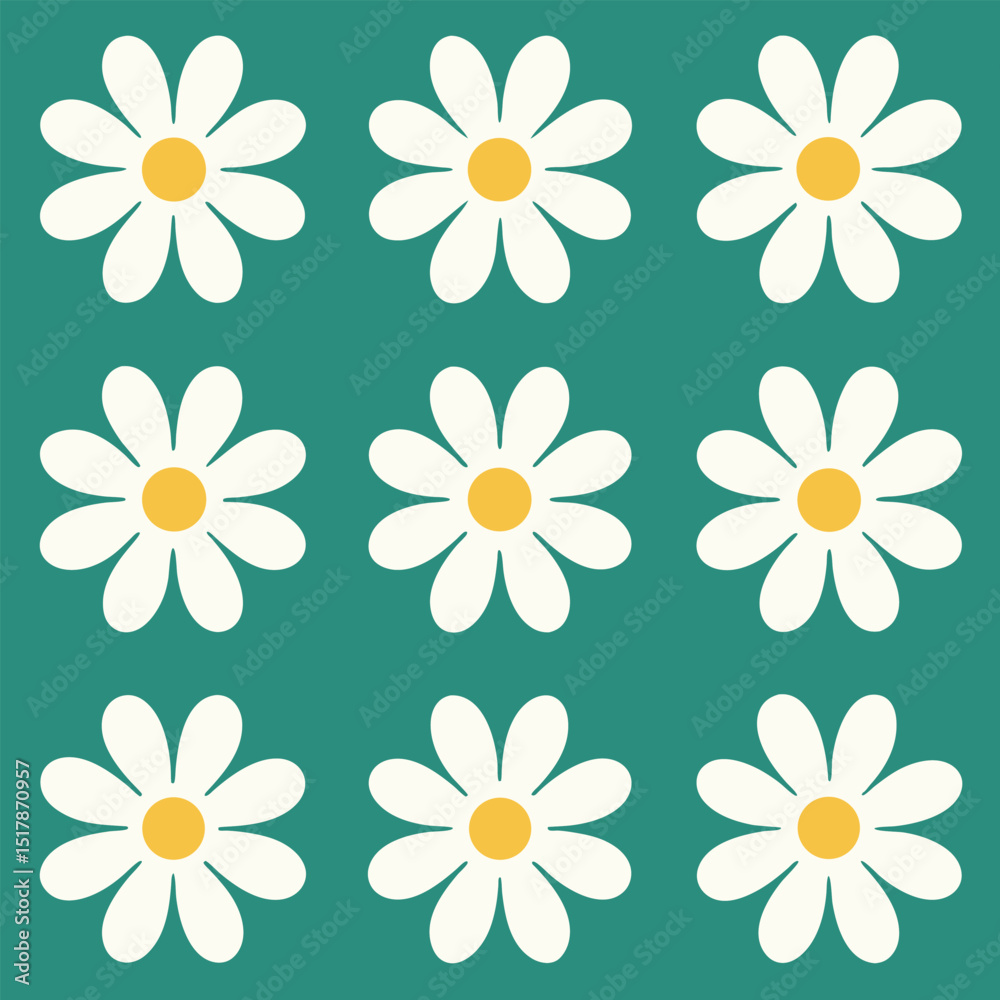Fototapeta premium Nine white daisies with yellow centers arranged in a square grid pattern on a teal background illustration