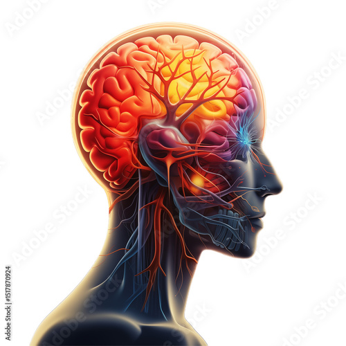 Image profile of human head, neurons, brain, vessels, abstraction, mental health, body and emotion states, balance, equilibrium on transparent background, png