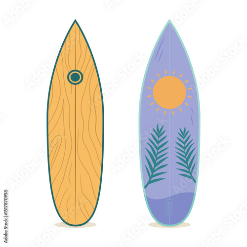 Two colorful surfboards with unique designs for summer adventures