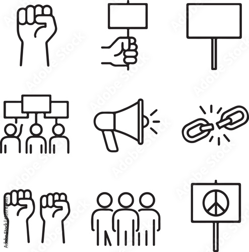 Protest and Activism Line Icon Set – Vector Pictograms of Demonstration, Solidarity & Social Movements