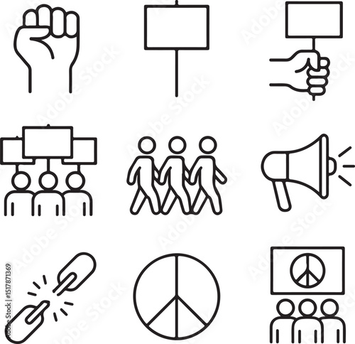 Protest and Activism Line Icon Set – Vector Pictograms of Demonstration, Solidarity & Social Movements