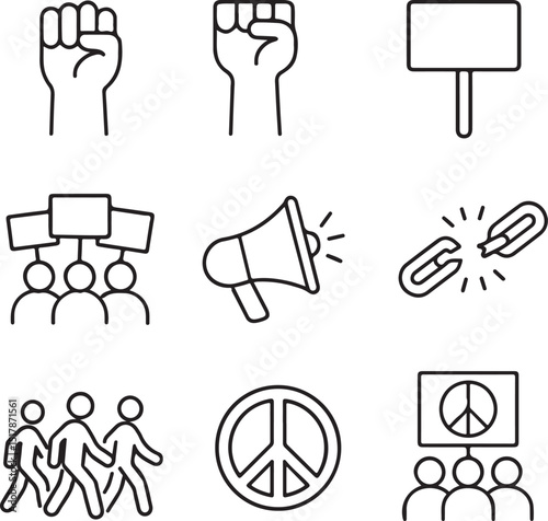 Protest and Activism Line Icon Set – Vector Pictograms of Demonstration, Solidarity & Social Movements